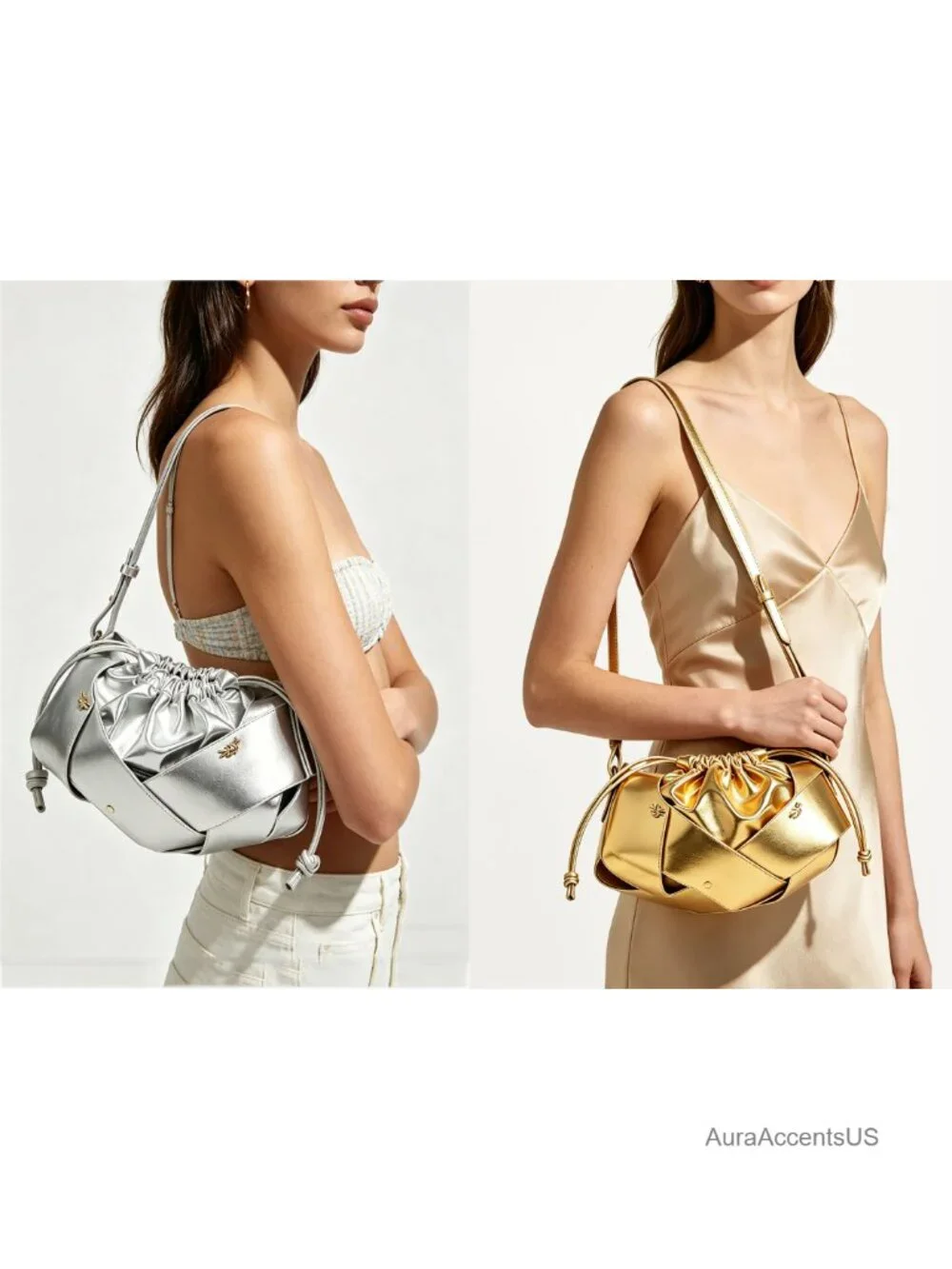 Woven PU Leather Drawstring Bucket Bag Hobo Shoulder Crossbody Clutch Purse